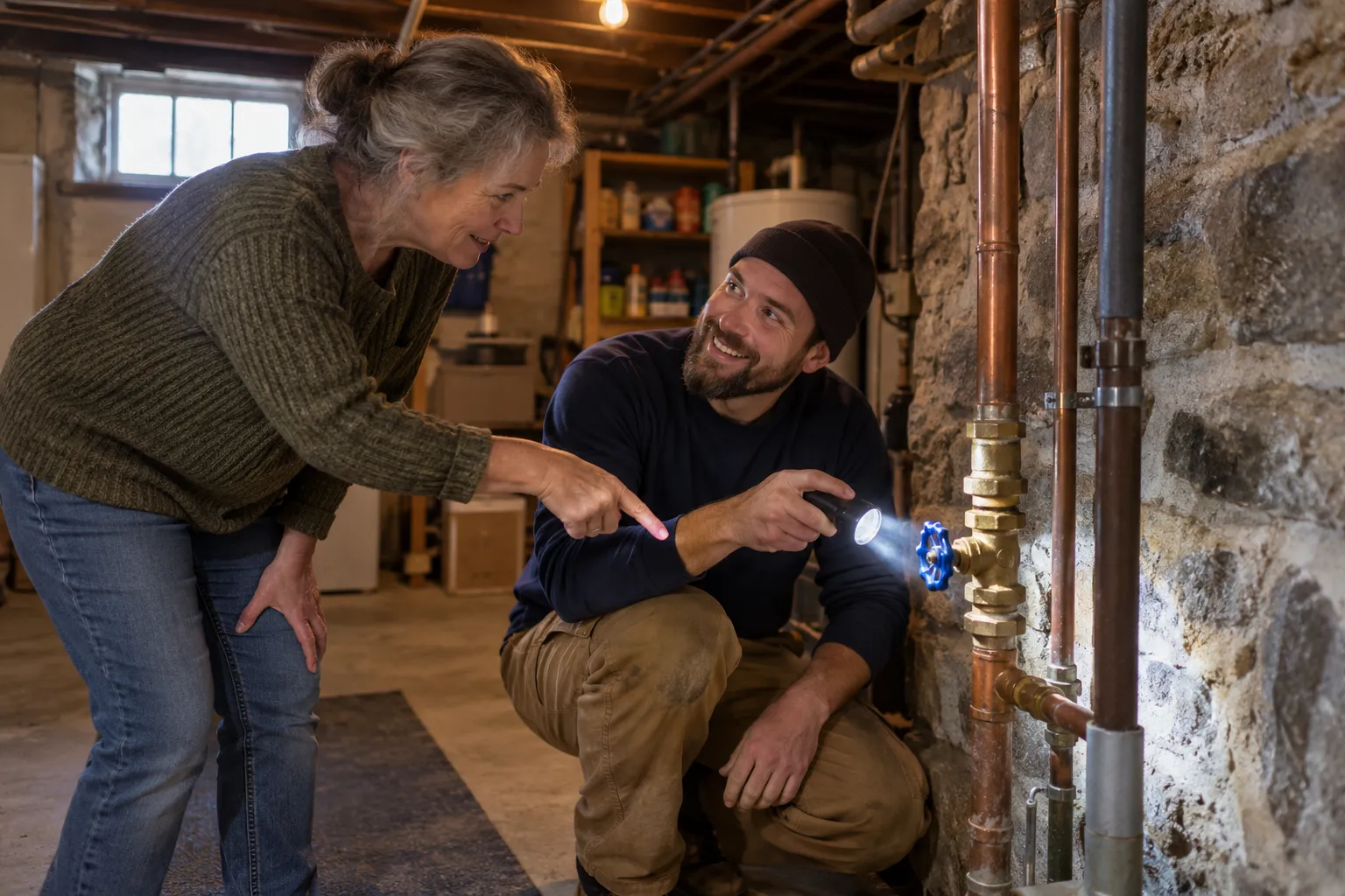 Homeowner in California shutting off a water valve in a basement while a friendly plumber checks a pipe